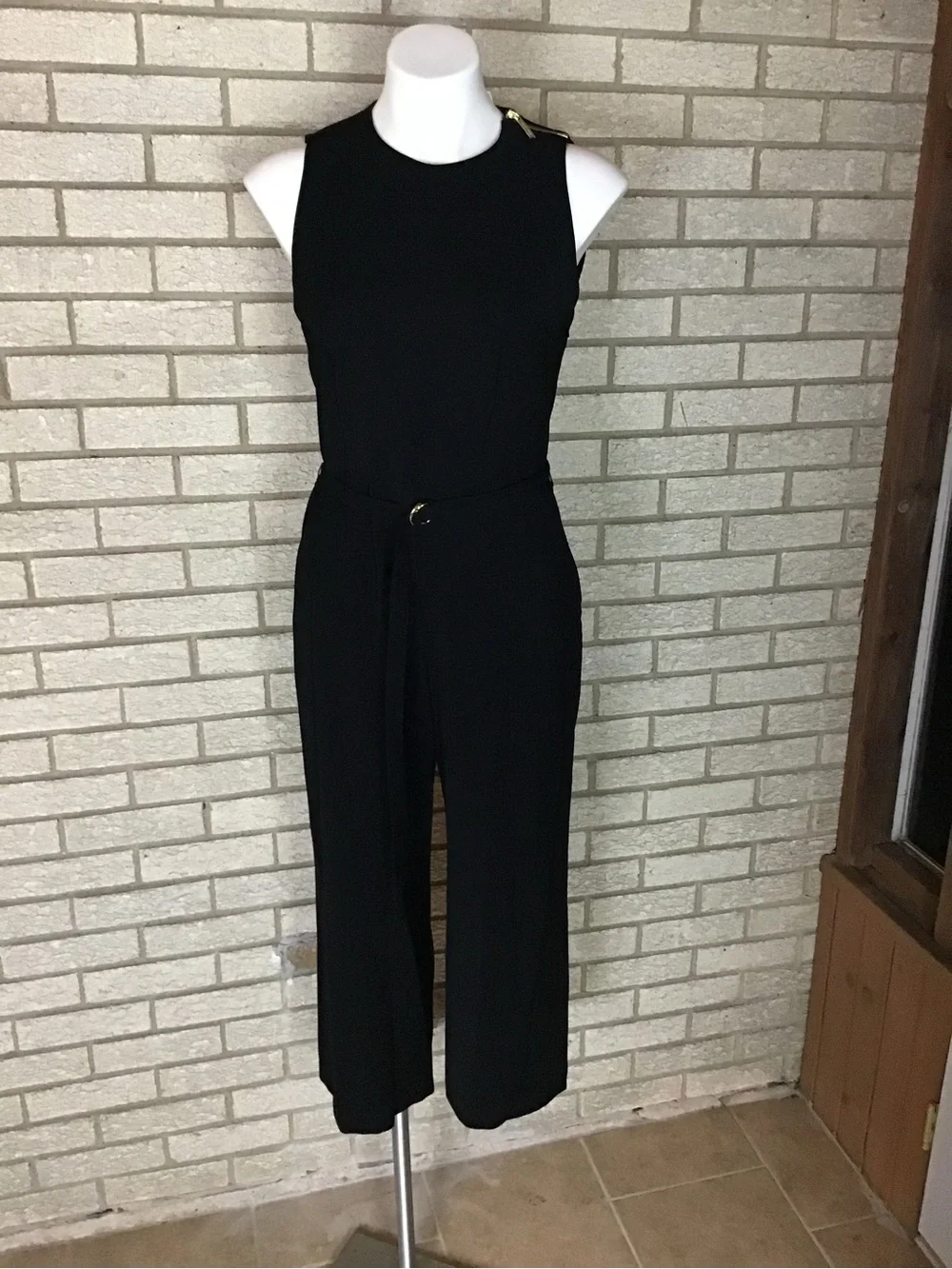 Michael Kors Sleeveless Black Belted Wide-Leg Jumpsuit with Gold Detail